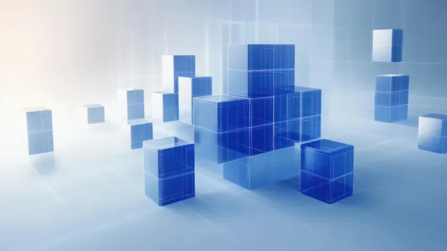 Transparent blue and white cubes interlock in an abstract 3D network on a light background.