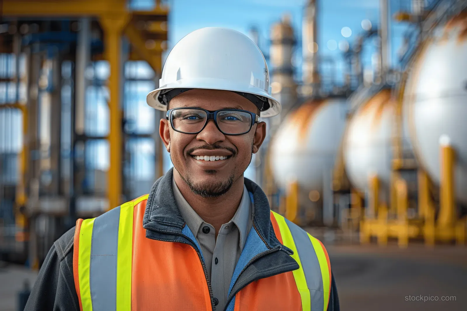 Engineer in a hard hat and safety vest stands in front of oil and gas tanks at an industrial plant.