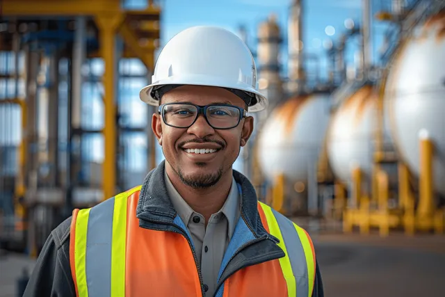 Engineer in a hard hat and safety vest stands in front of oil and gas tanks at an industrial plant.