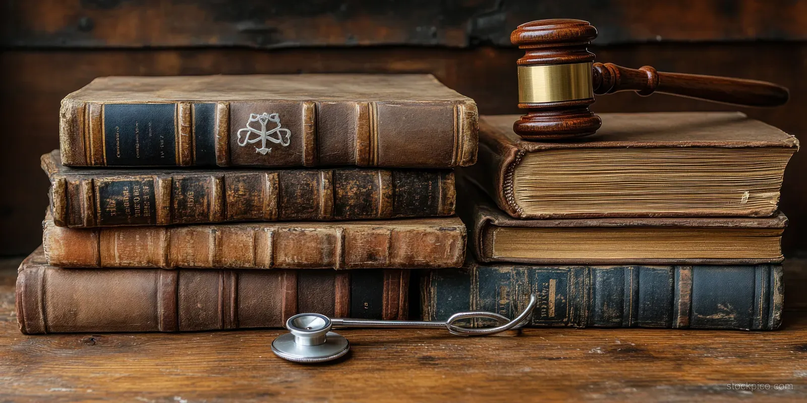 A gavel and stethoscope lie on stacked law books on a weathered wooden table.