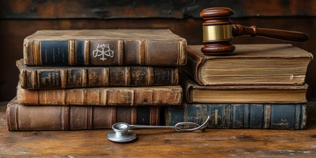 A gavel and stethoscope lie on stacked law books on a weathered wooden table.