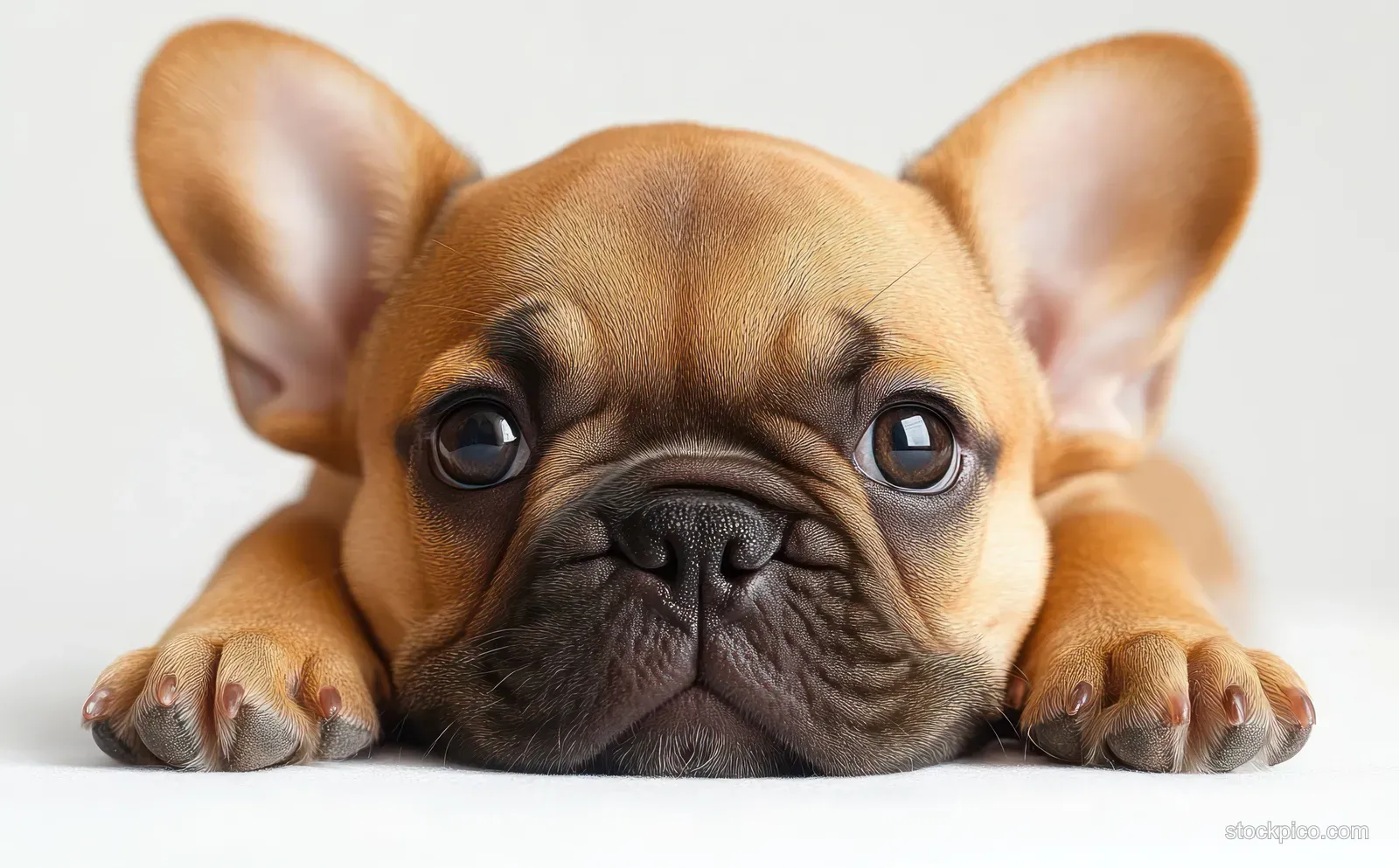 Small brown puppy lying down on a white background, looking forward with wide expressive eyes.