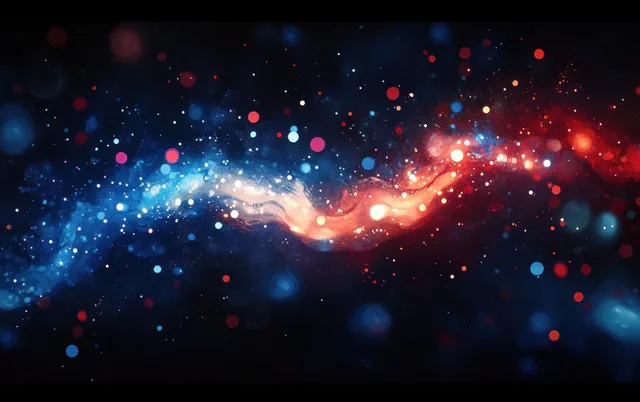 Swirling red and blue nebula clouds with glowing particles against a deep dark space background.