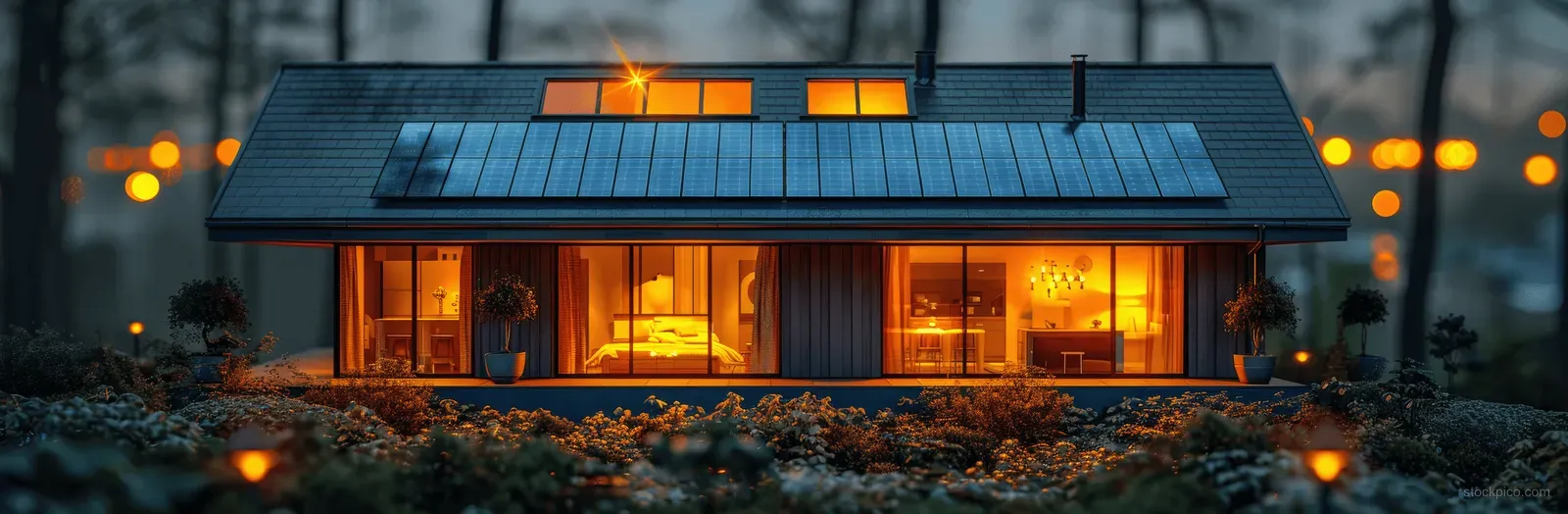 A smart home at dusk with solar panels and warm battery storage lights visible from an aerial perspective.