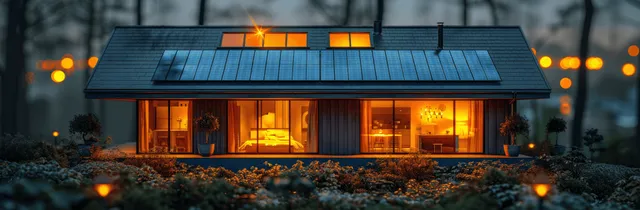 Aerial view of smart home with solar roof panels and glowing battery storage pack outdoors