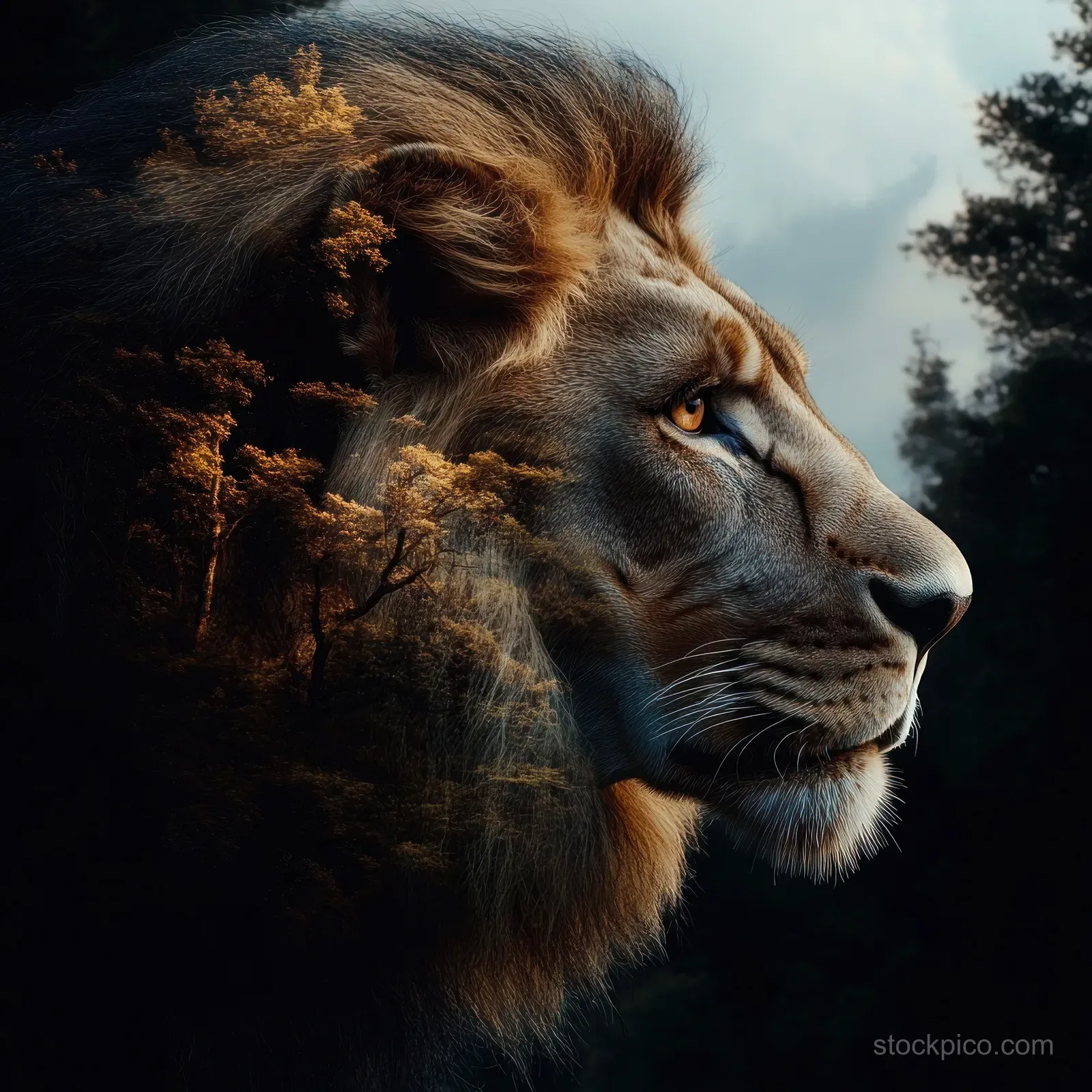 Close-up profile of a lion with intense eyes, its mane blending into golden autumn foliage in a dark forest.