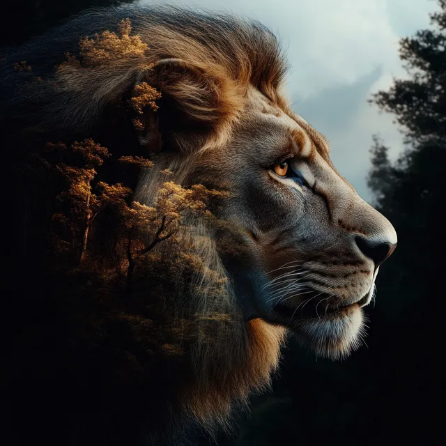 Close-up profile of a lion with intense eyes, its mane blending into golden autumn foliage in a dark forest.