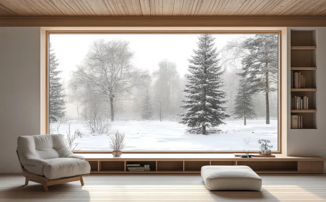 Minimalist living room interior with large window framing a snowy winter landscape