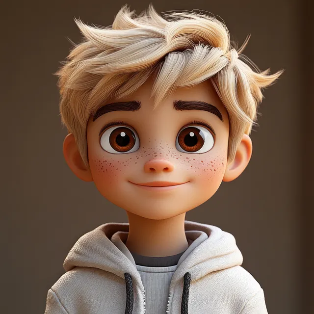 Smiling young boy with freckles and tousled blonde hair wearing a white hoodie against a neutral background.