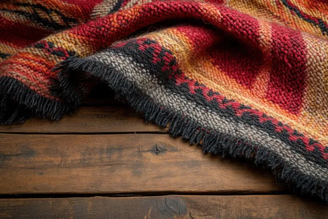 A woven fabric with fringed edges rests on rustic wooden planks, showing warm striped colors.