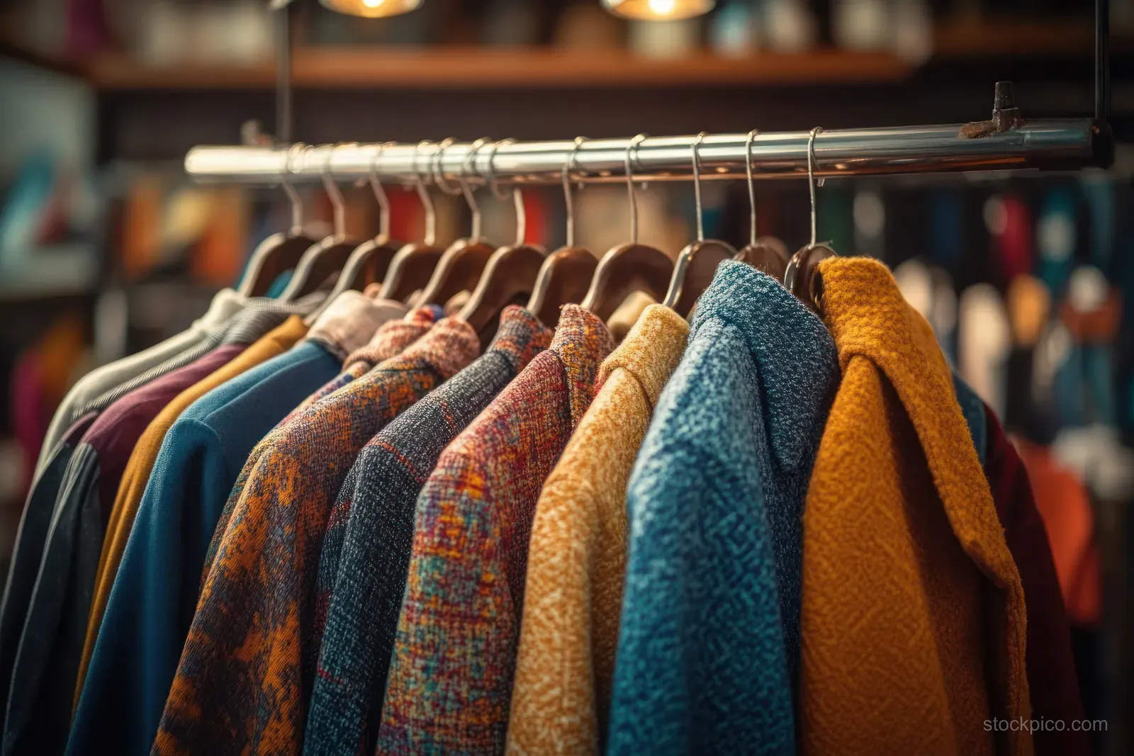 Colorful wool coats hang on wooden hangers from a metal clothing rack under warm lights.