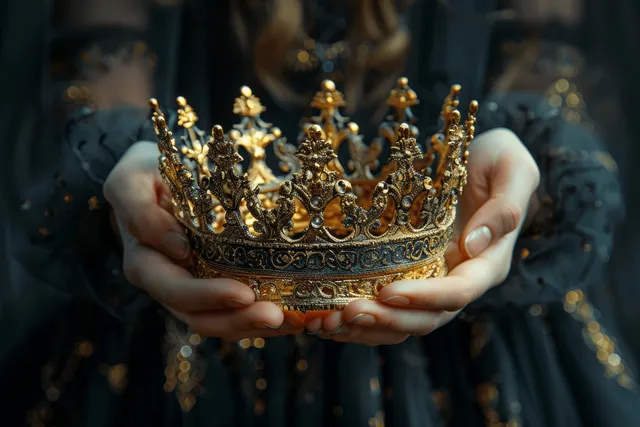 Medieval woman cradling a gold jeweled crown in her hands, dark coronation glow