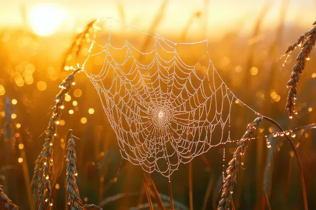 Spider web covered in morning dew hangs between wheat stalks as golden sunrise light backlights the strands.