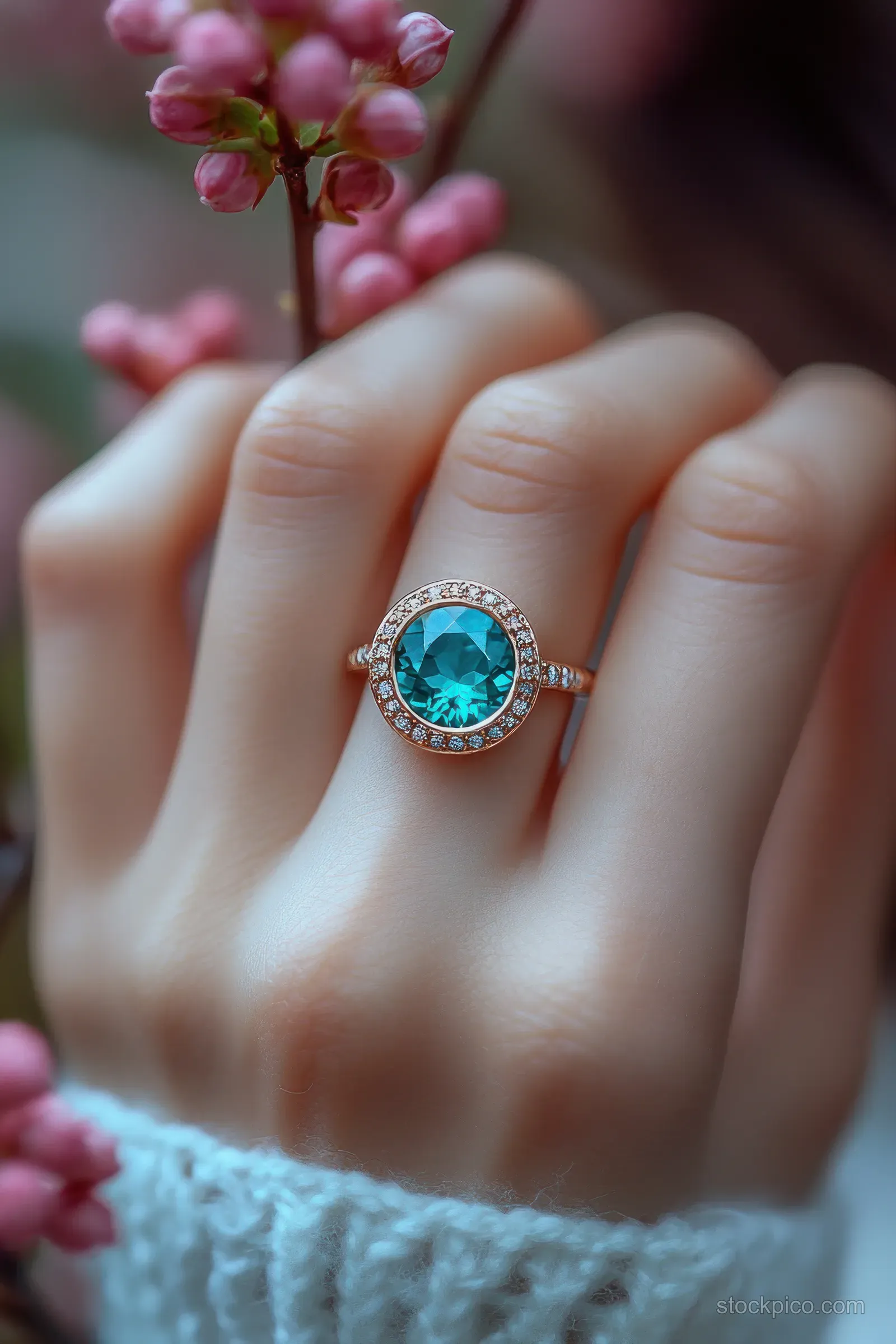 Close-up of a woman’s hand wearing a turquoise gemstone ring while pink blossoms blur in the background.