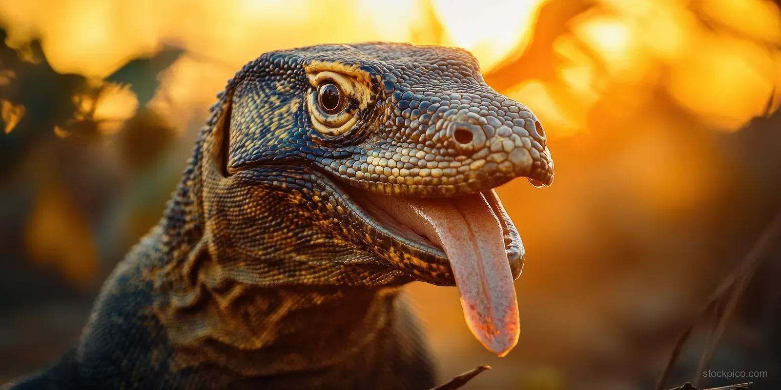 A close-up reptile portrait with its tongue sticking out, textured scales, and warm golden bokeh background.