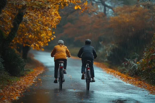 Two cyclists ride bicycles on a wet road through autumn trees with orange leaves during light rain.