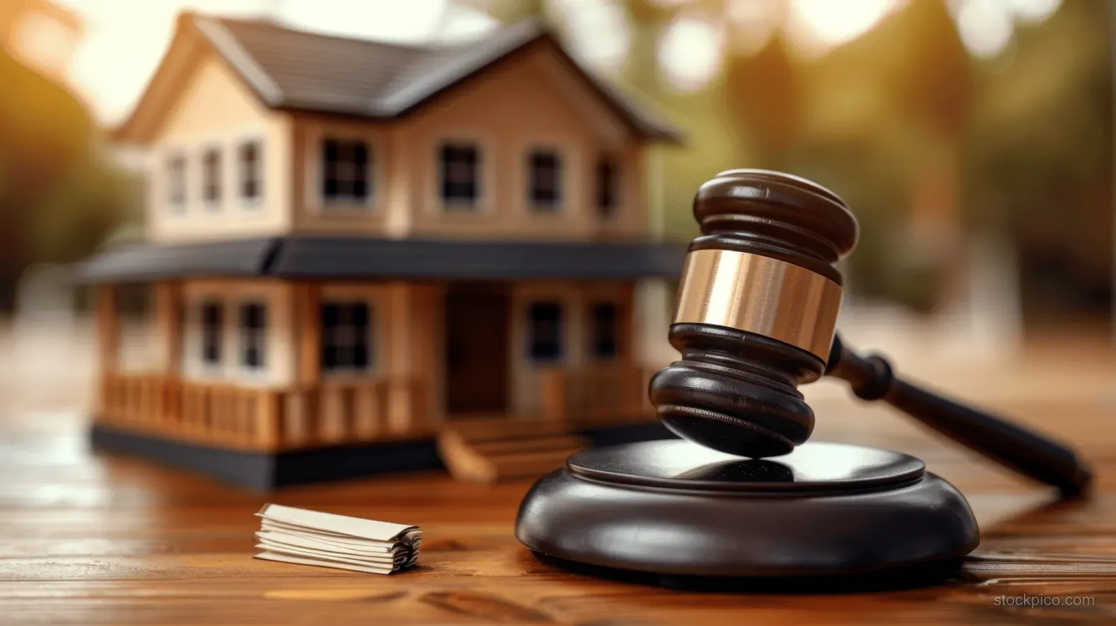 A gavel sits on a wooden desk beside papers with a house model blurred in the background.