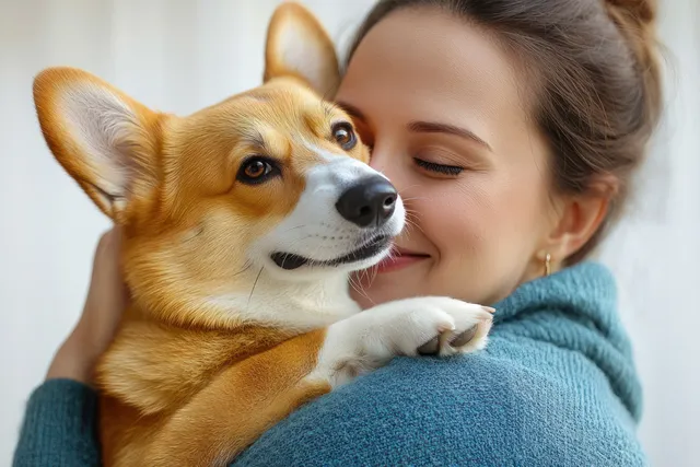 A veterinarian gently holds a corgi dog during a clinic check under warm natural light.