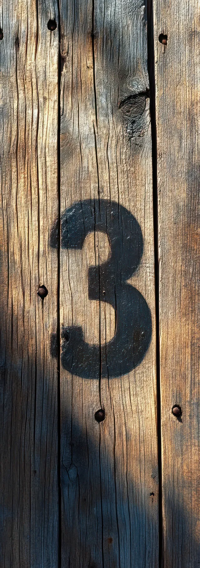 Close-up of weathered wooden planks with a large black painted number three and visible grain shadows.
