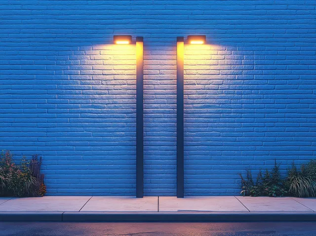 White brick wall illuminated by two vertical LED tube lights with cool blue night lighting.