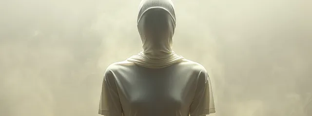 Rear view of a minimalist white cycling jersey on an isolated background with soft, hazy lighting.