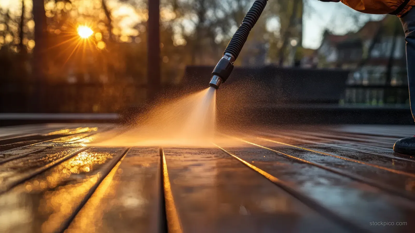 A person pressure-washes a wooden terrace floor while golden hour sunlight glows in the background.