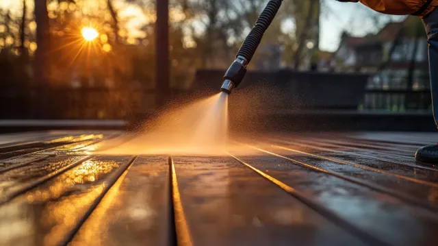 A person pressure-washes a wooden terrace floor while golden hour sunlight glows in the background.