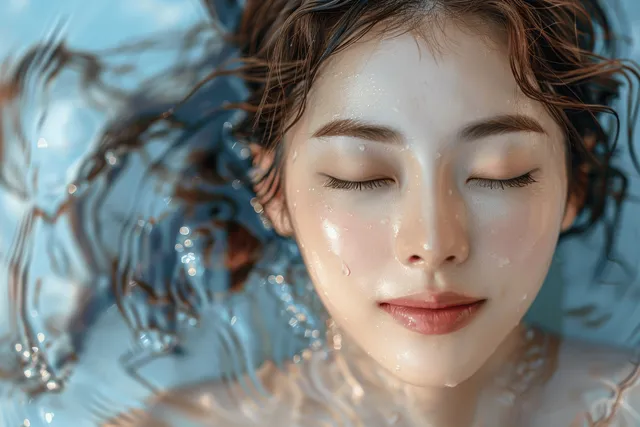Young Asian woman relaxing submerged in water with closed eyes and soft bubbles