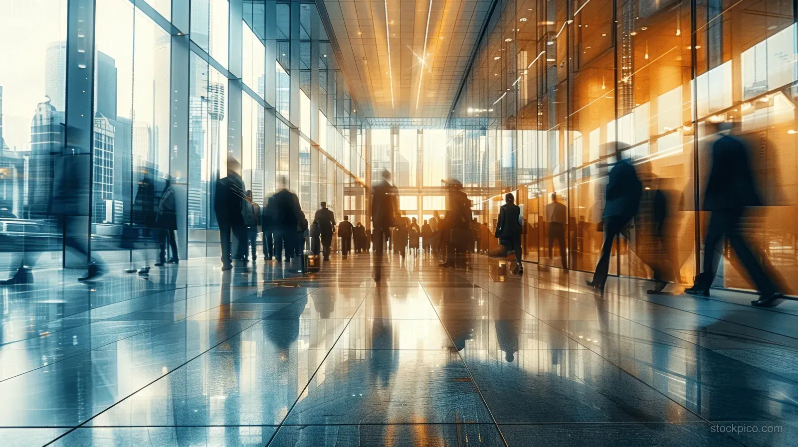 Blurred business people silhouettes walk through a bright office lobby with long sunlight streaks on the floor.