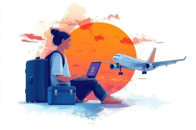 Young woman working on a laptop next to luggage with an airplane flying against a bright orange sunset sky.