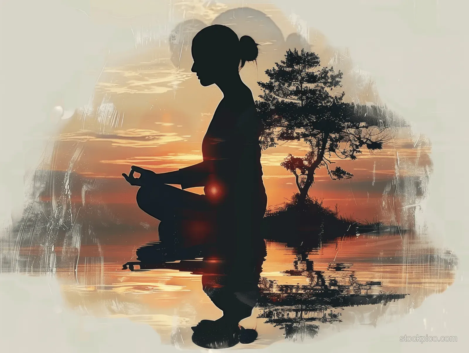Silhouette of a woman meditating with double exposure trees and a sunset reflection on water.