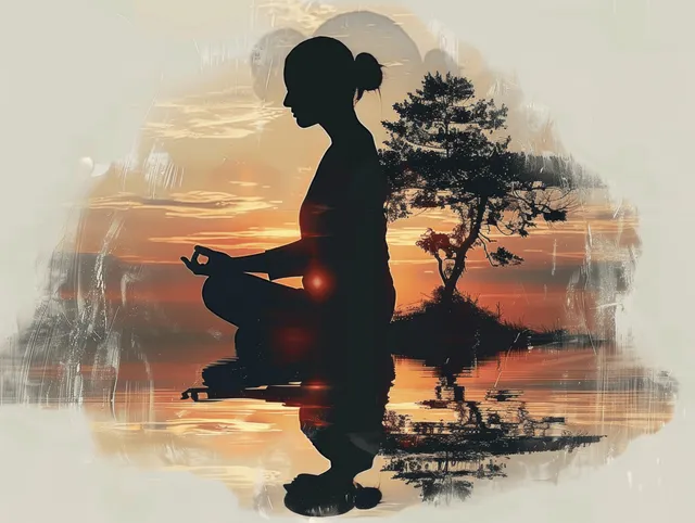 Silhouette of a woman meditating with double exposure trees and a sunset reflection on water.