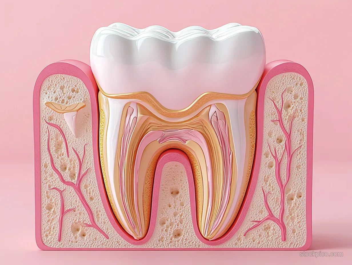 Cross-section of a molar tooth showing enamel, dentin, pulp, nerves, blood vessels, and gum tissue on a pink background.