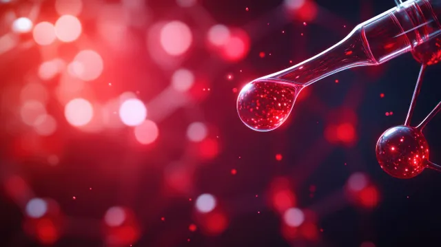 A red glowing molecular model with connected spheres and transparent tubes against a blurred dark red background.