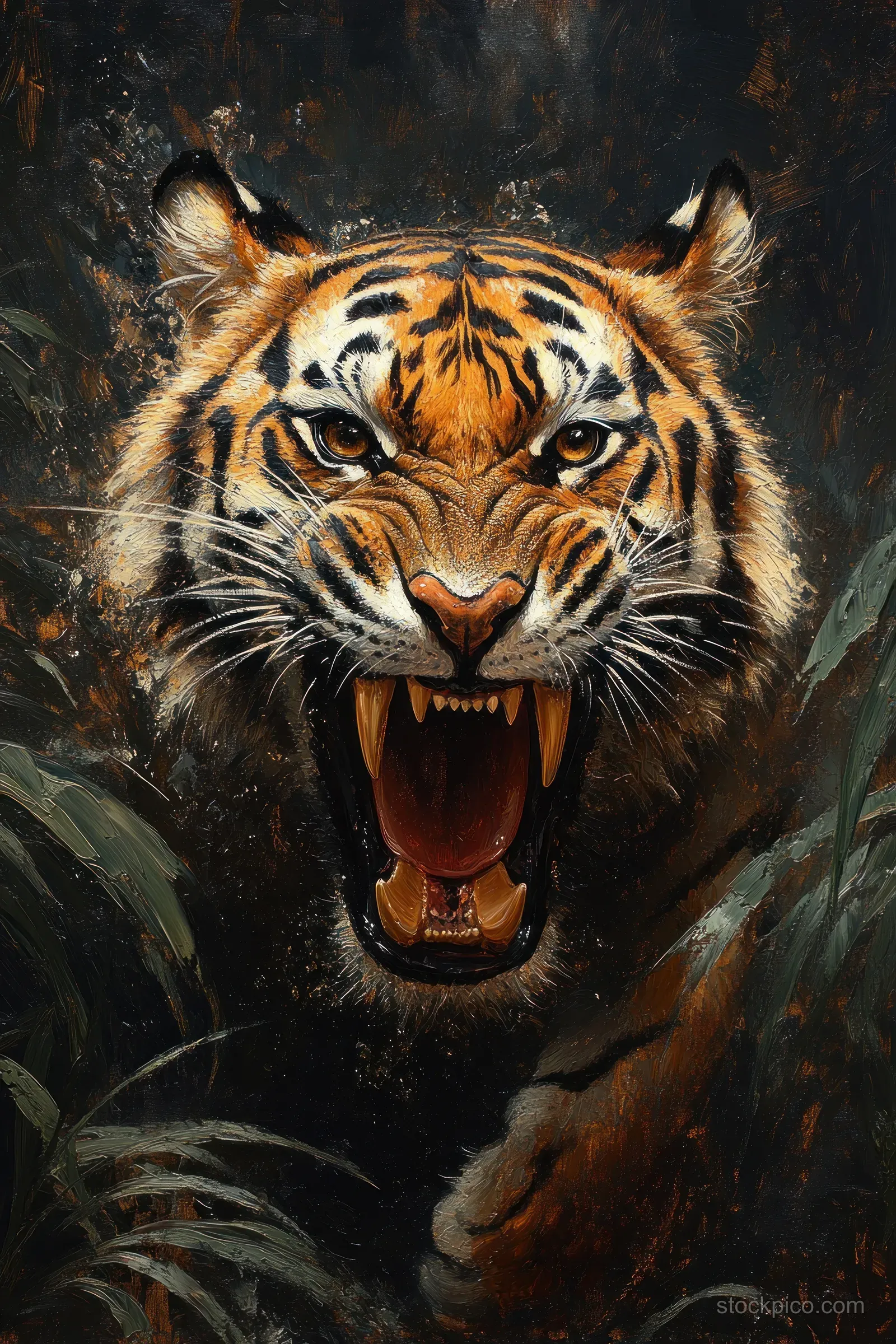 A Bengal tiger snarls with its mouth open while emerging from dark jungle foliage.