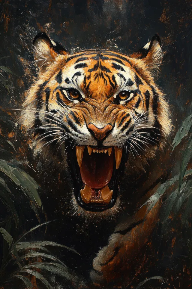 A Bengal tiger snarls with its mouth open while emerging from dark jungle foliage.