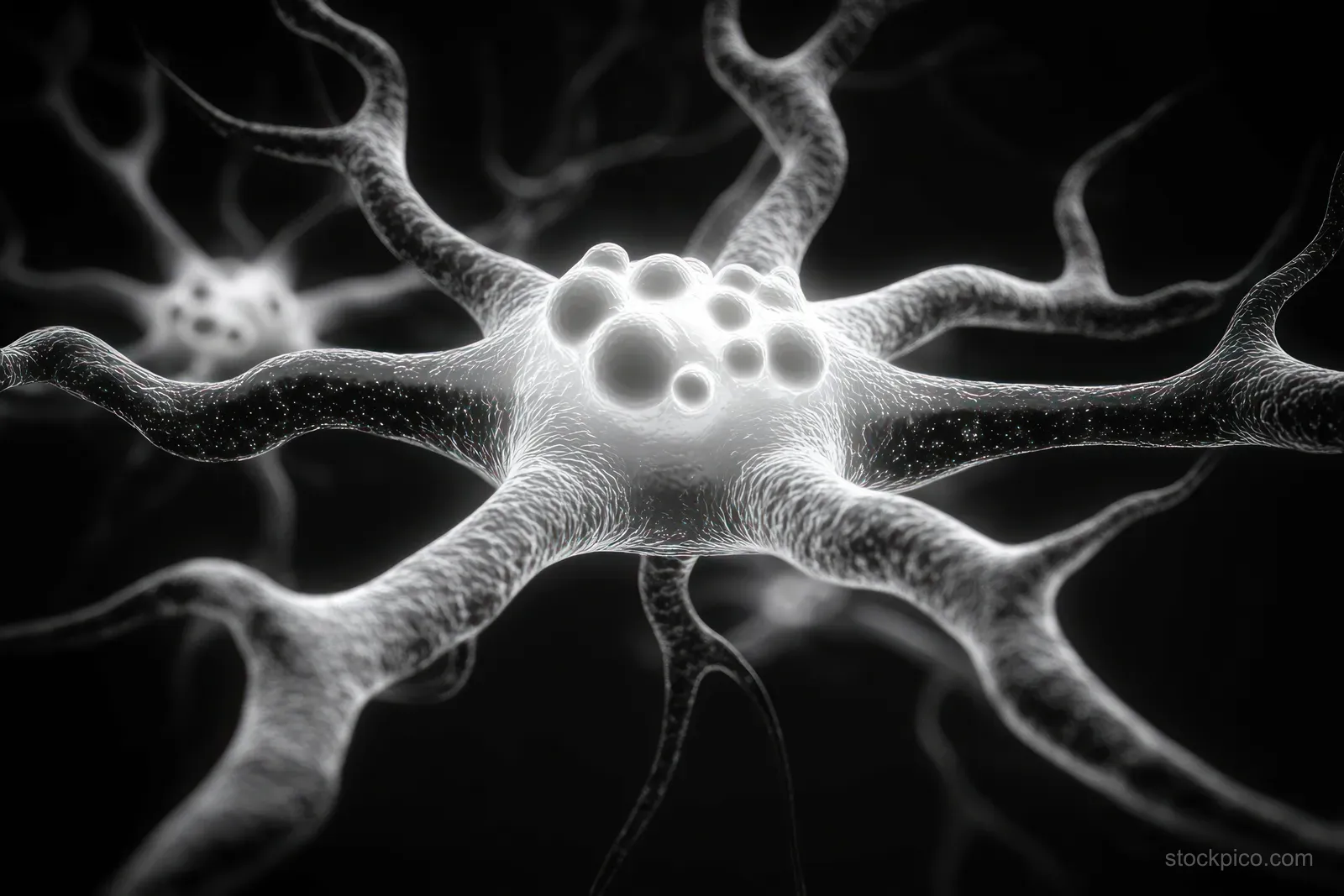 Monochrome close-up of a glowing neuron cell with branching dendrites extending from a central body.