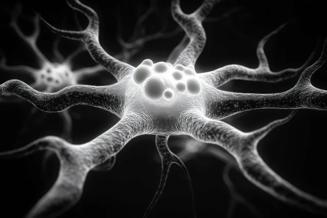 Monochrome close-up of a glowing neuron cell with branching dendrites extending from a central body.