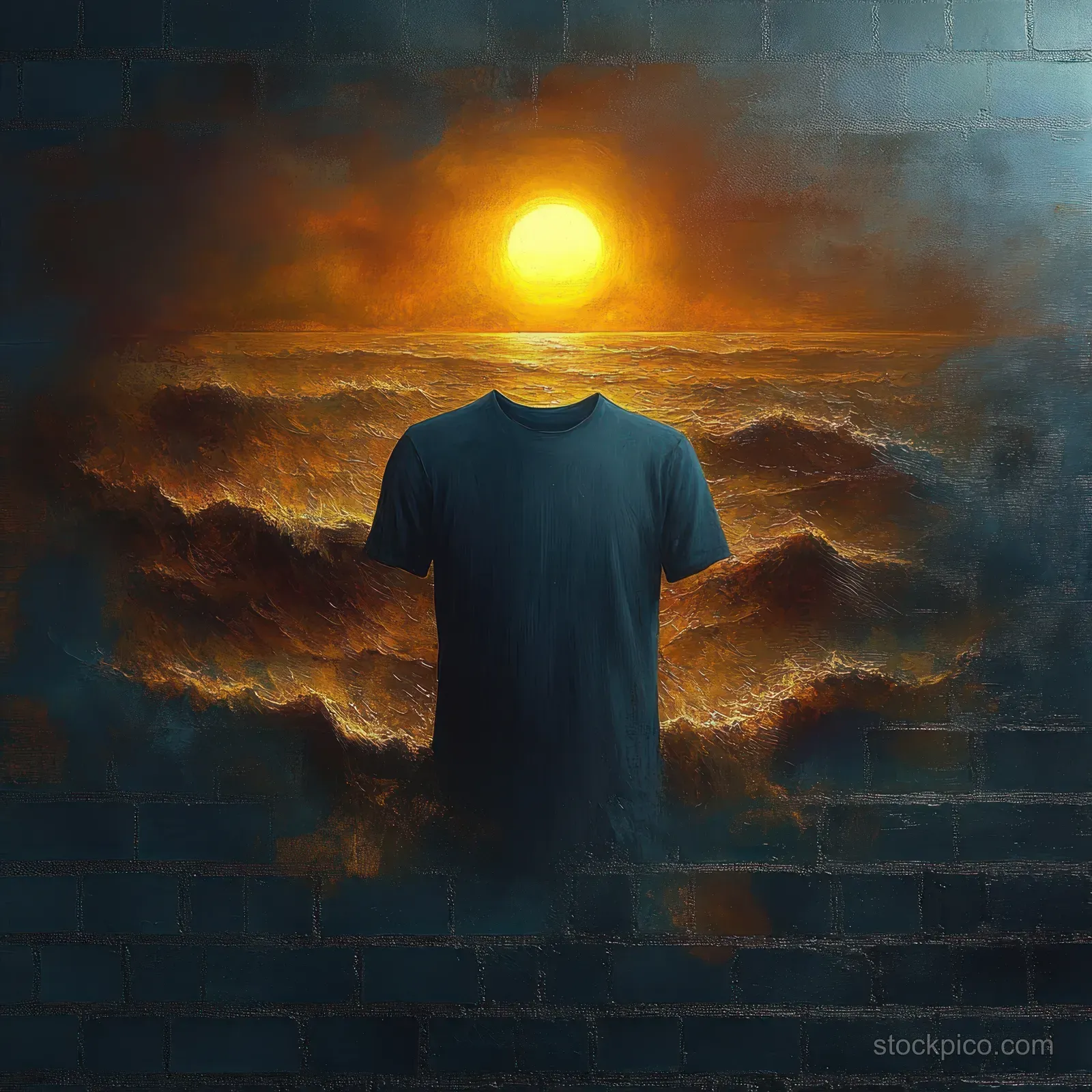 A blue T-shirt silhouette made of dark brick shows a glowing sun merging into stormy ocean waves behind it.
