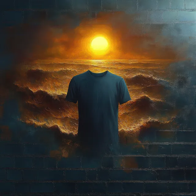 A blue T-shirt silhouette made of dark brick shows a glowing sun merging into stormy ocean waves behind it.