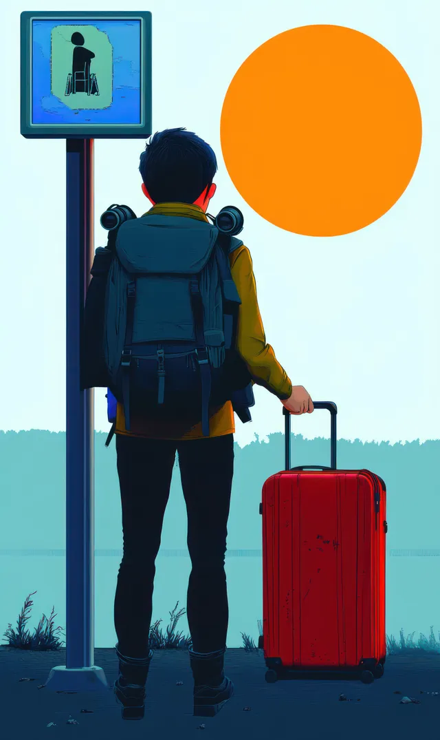 A traveler with a backpack waits at a bus stop beside a red suitcase under a glowing orange sun.