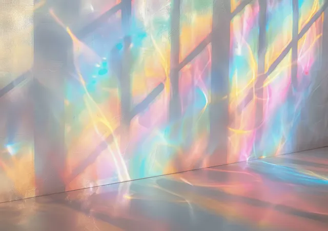 Rainbow prism light overlay with glittery sun rays in soft pastel room