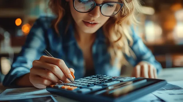 Accountant woman hand typing numbers on a calculator beside papers and charts in a softly lit office.