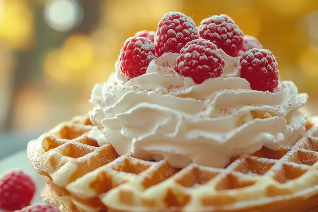 Golden Belgian waffle topped with whipped cream and raspberries in soft outdoor bokeh