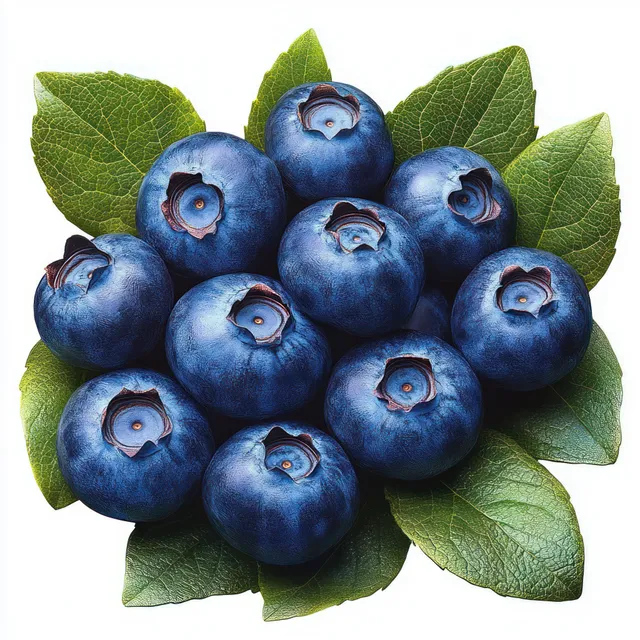 A cluster of ripe blueberries resting on green leaves, showing detailed skins and leaf veins.