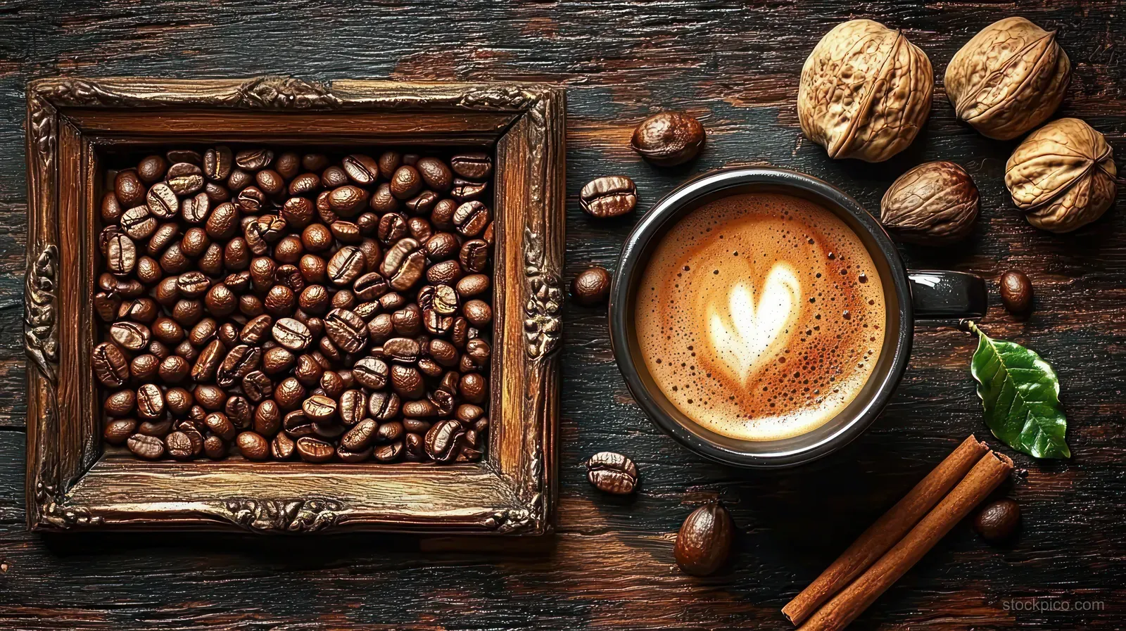 Heart-shaped latte art in a coffee cup on a wooden table beside coffee beans, walnuts, cinnamon sticks, and a green leaf.