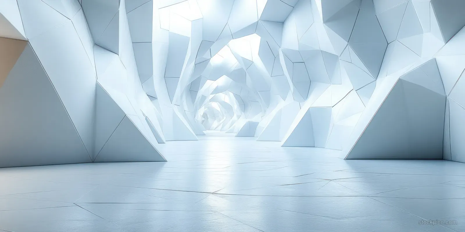 Minimalist white pyramid block corridor stretches into the distance with soft central light and shadows.