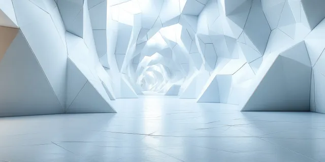 White geometric pyramid corridor background with soft light, shadows, and depth