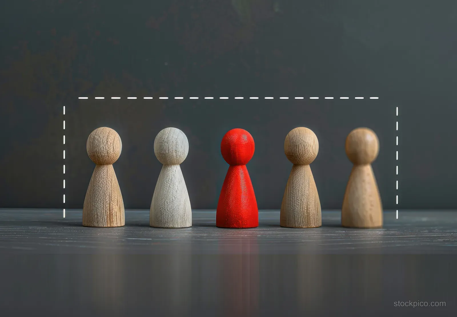 Five wooden figurines stand in a row on a dark surface, with the red center figure outlined by dashed borders.