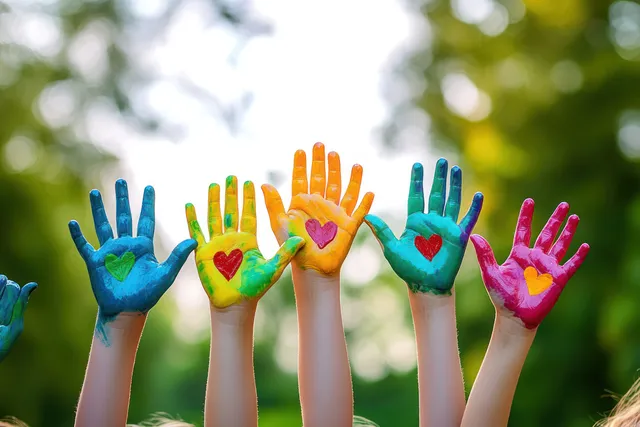 Children raise painted hands outdoors with rainbow colors and heart designs.